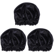 3Pcs Black Women Sleeping Cap Solid Color Hair Care Hat