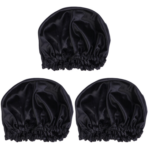 3Pcs Black Women Sleeping Cap Solid Color Hair Care Hat