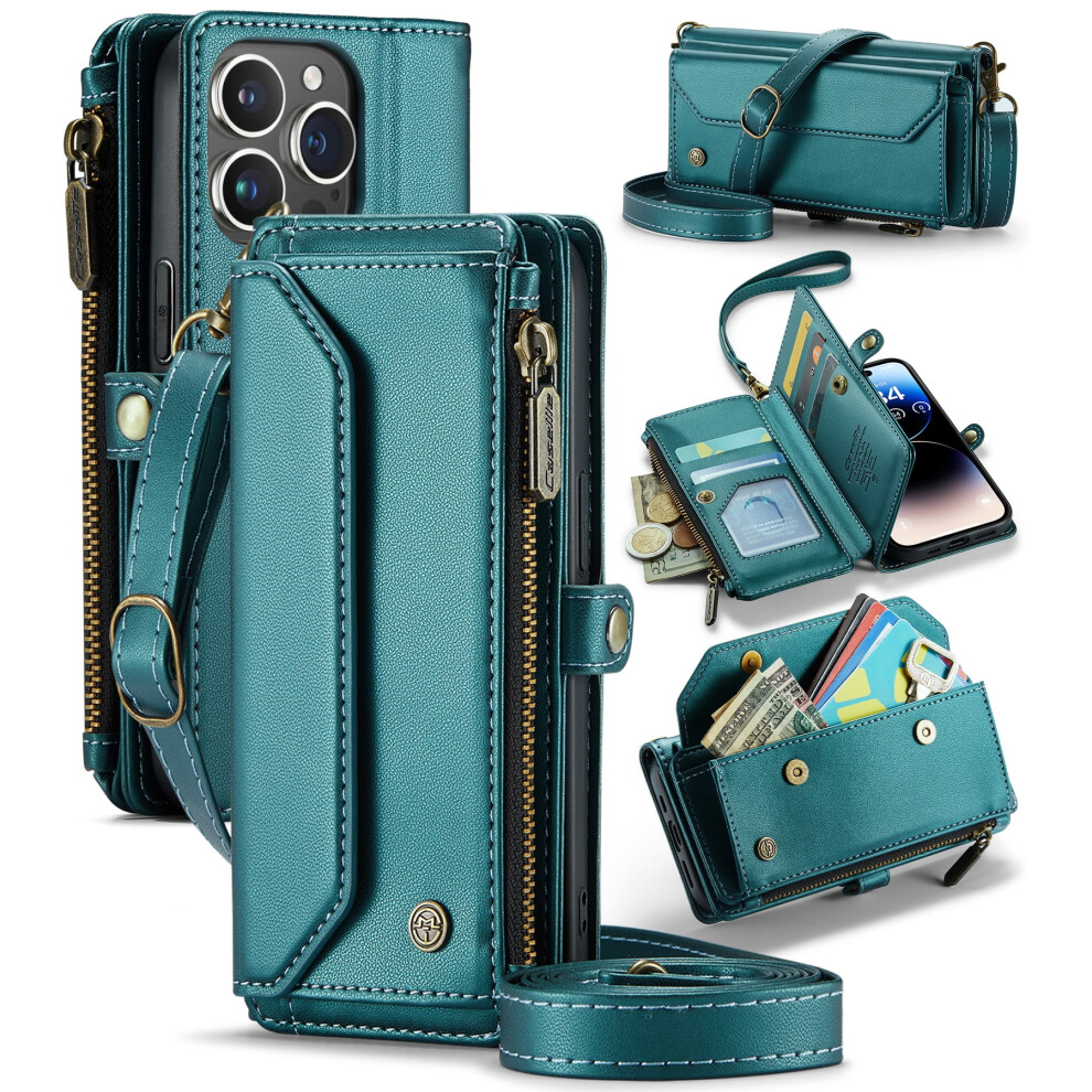 Caseme Leather Wallet Case For Compatible With Iphone 14 Pro 6.1-Inch Â Rfid Blocking, 7-Card Holder, Zipper Bills Slot, Magnetic Wrist Strap 9482726243984