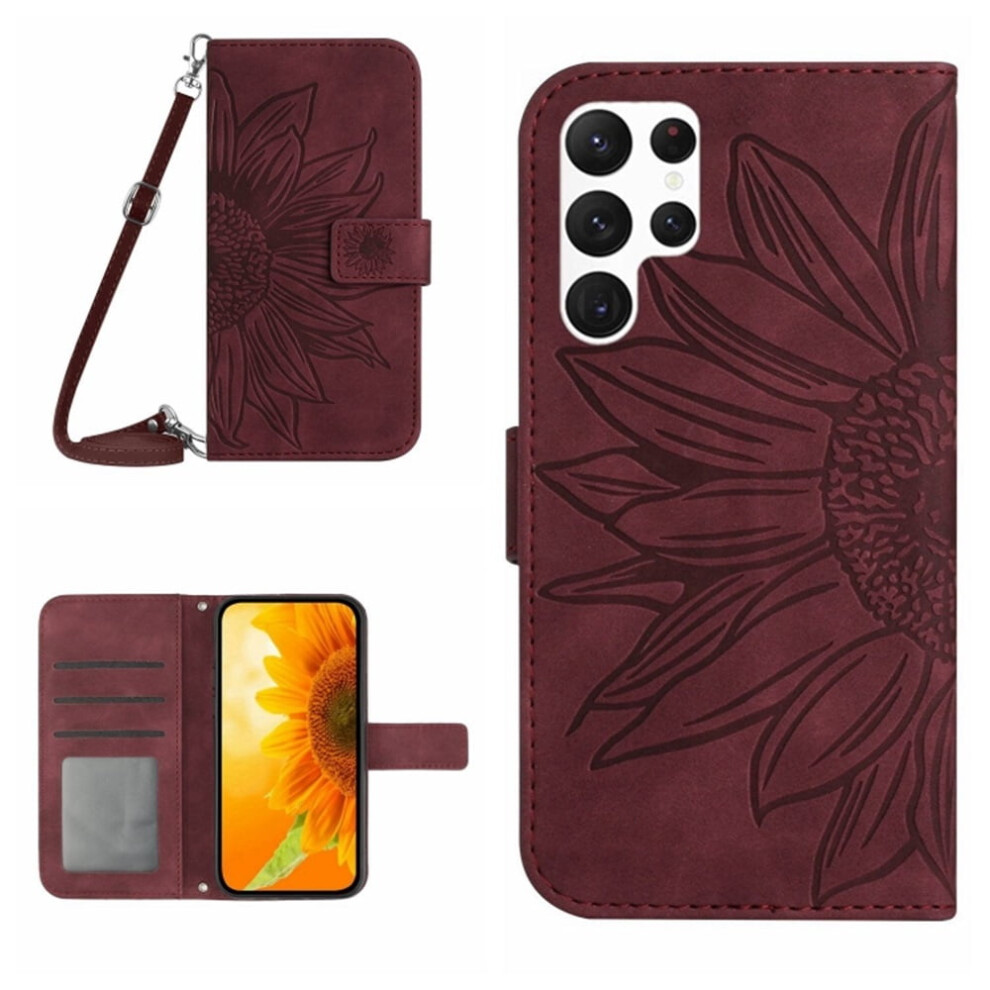 Sunflower Embossed Pu Leather Flip Wallet Case With Magnetic Closure & Card Slots For Samsung Galaxy S22 Ultra 5G 6.8", Wine Red 9482726243762