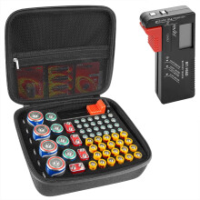 Hard Battery Storage Container with BT-168 Tester – Holds 63 AA/AAA/9V/C/D Batteries, Safe Carrying Case