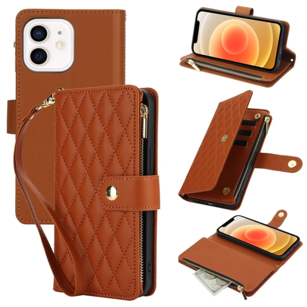 Rfid-Blocking Flip Wallet Case For Iphone 12 (6.1"), With Card Slots, Kickstand, Wrist Strap, Lanyard & Zipper Â Brown 9482726244677