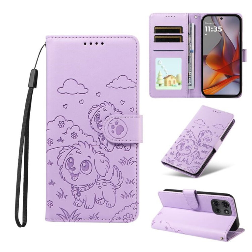 Leather Flip Case For Motorola Moto G75 5G Â Dog Embossing, Rfid Wallet, Magnetic Clasp, Lanyard & Stand Purple 9482726245308