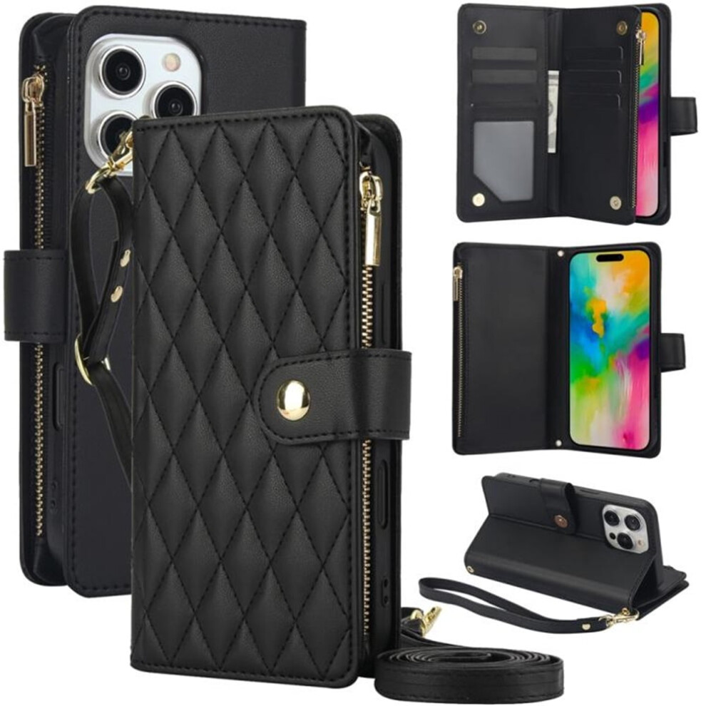 Rfid-Blocking Flip Wallet Case For Iphone 13 Pro Max 6.7", With Card Slots, Kickstand, Wrist Strap, Lanyard & Zipper Â Black 9482726242284