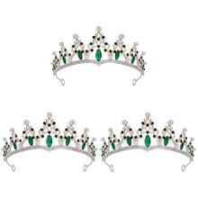 3Pcs Zinc Alloy Green Rhinestone Tiara Crown for Women Wedding Bride