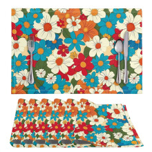 Heat-stain resistant polyester placemats set of 6, soft & easy clean—compatible with home, restaurant, coffee shop; hippie flower design