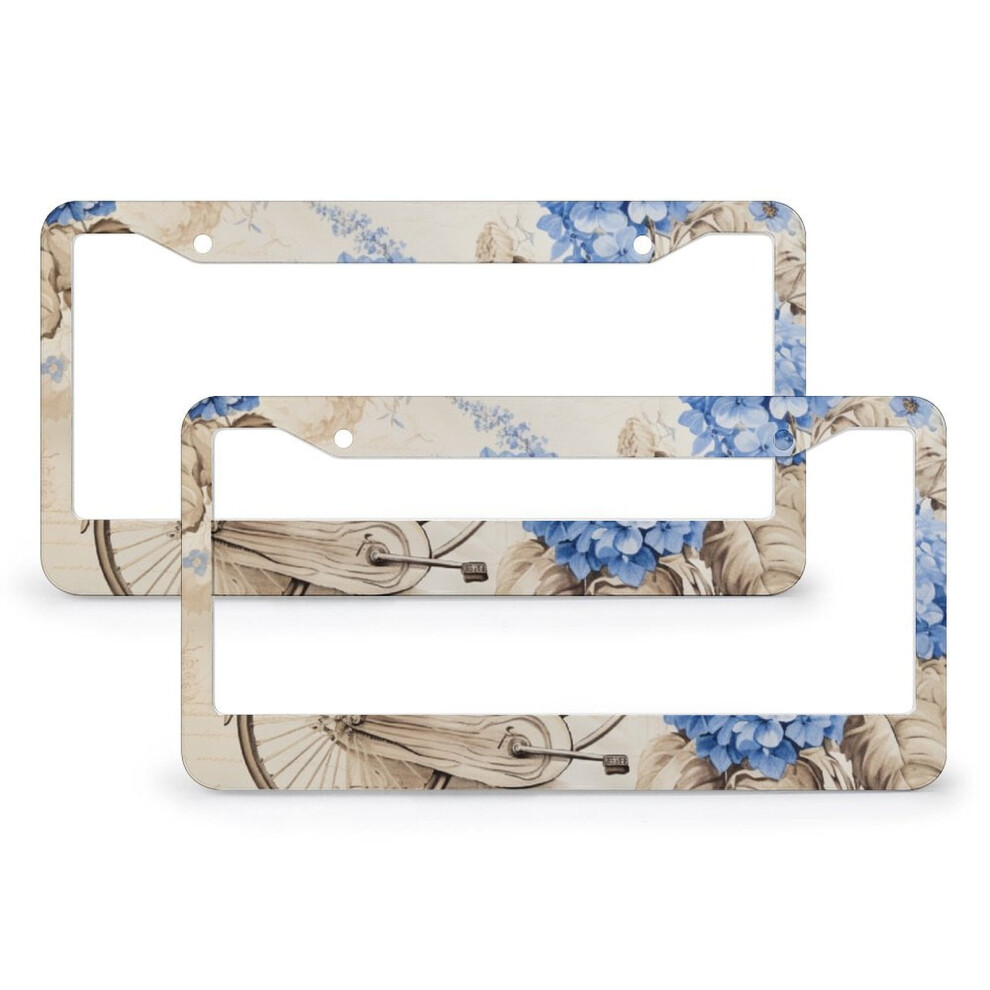 Vintage Bicycle Paper Flower License Plate Cover 2-Pack, Compatible With All Cars, Stainless Aluminum Blue 9482726245988