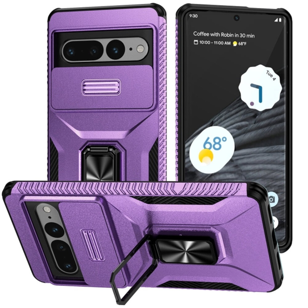 Slim Shockproof Hybrid Case For Google Pixel 7 Pro 5G 6.7", With Slide Camera Cover & Rotated Ring Kickstand, Military-Grade, Purple 9482726246282
