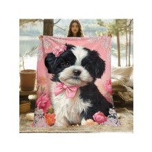 Ultra Soft Flannel Throw Blanket – Shih Tzu Puppy, Pink Bow & Floral, Black/White/Pink, All-Season, 50x60"/60x80", Vintage Dog Lover Gift
