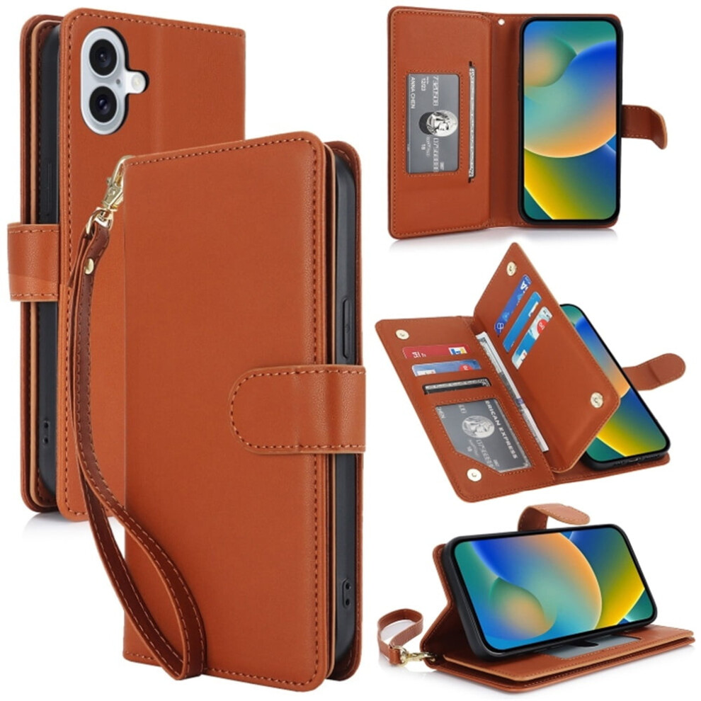 Leather Magnetic Flip Wallet Case For Iphone 16 Plus 6.7": Rfid Blocking, Card Slots, Kickstand, Anti-Drop Tpu, Detachable Wrist Strap, Brown 9482726248132