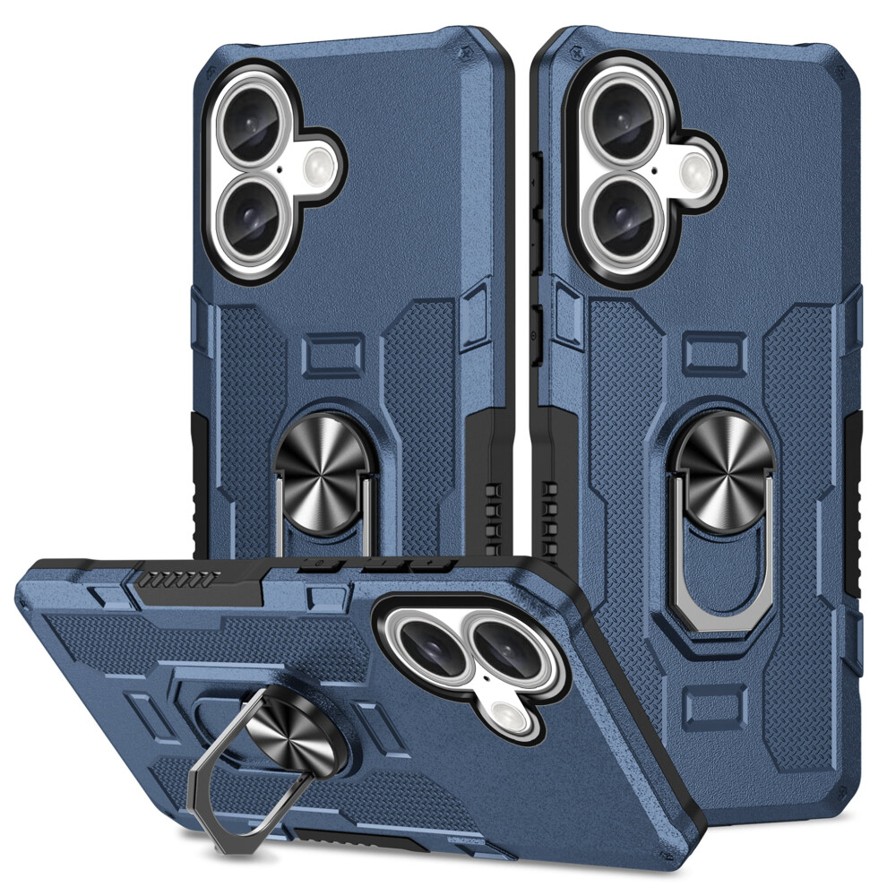 Rugged Defender Case For Iphone 16 (6.1") Â Ring Holder, Kickstand, Anti-Fingerprint, Non-Slip, Anti-Drop, Blue 9482726250142