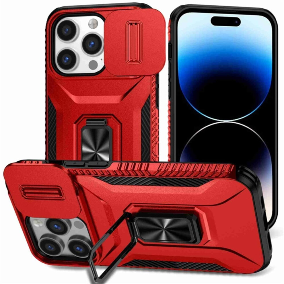 Slim Shockproof Hybrid Case For Iphone 13 ProâMilitary-Grade, Slide Camera Cover & Rotating Ring Kickstand, Red 9482726249467