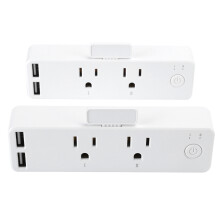 Compact dubbel slim stopcontact, naadloze bediening via app en spraakactivering, ruimtebesparend ontwerp, energiebesparende timers, eenvoudige