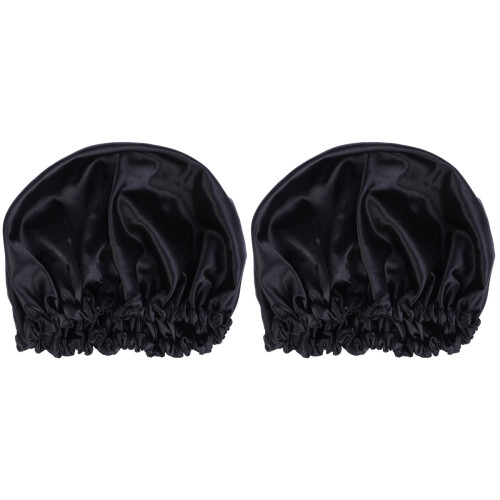 2Pcs Solid Color Black Sleeping Hat Women Soft Elastic Hair Cap