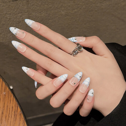 (XS) Blue-White Tip False Nails, Zero Pressure 2