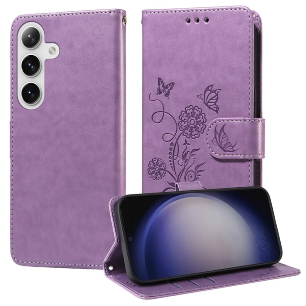 Embossed Butterfly Flower Flip Leather Case For Samsung Galaxy S25+ 5GâShockproof, Kickstand, Card & Cash Slots Purple 9482726250753