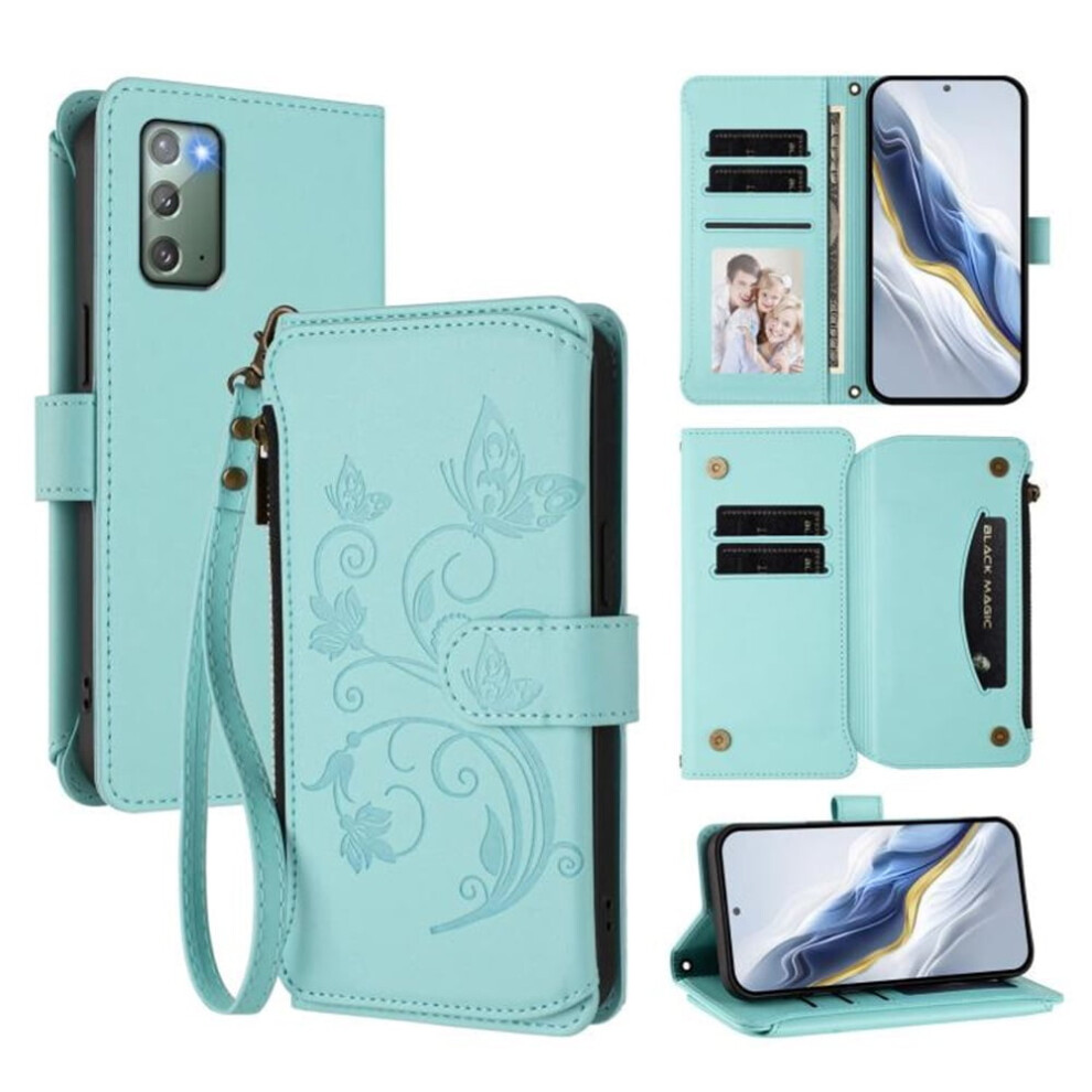 Magnetic Clasp Flip Stand Case For Samsung Galaxy Note20 Â Lanyard, 5-Card Holder, Butterfly Flower Zipper Wallet, Mint Green 9482726250869