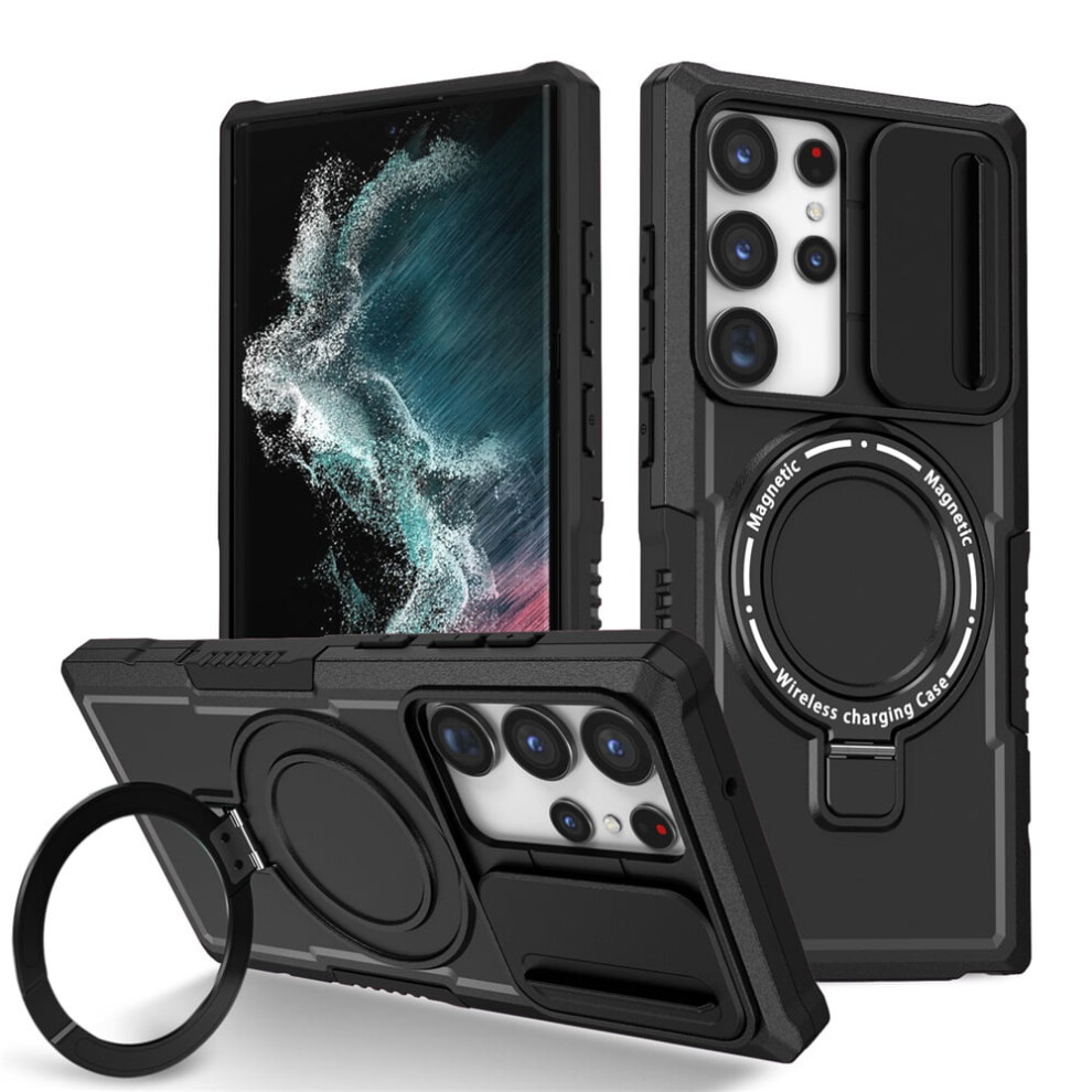 Shockproof Case For Samsung Galaxy S22 Ultra 6.8" – Sliding Camera Cover, Magsafe Compatible, Hidden Kickstand & Ring Holder, Black 9482726251613