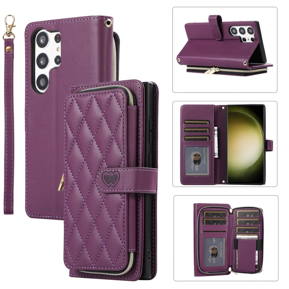 Luxury Leather Wallet Case With Wrist/Shoulder Strap, 9 Card Slots & Zipper Purse For Samsung Galaxy S24 Ultra 5G (6.8") Â Deep Purple 9482726252566