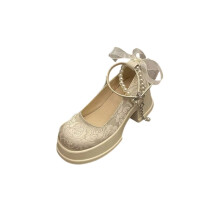 Willtoo Women's Pearl Accent Mary Jane Leather Pumps with Round Toe & Low Heel Beige