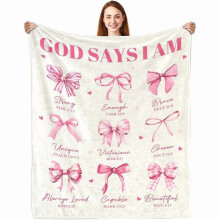 Christian Throw Blanket for Women – "God Says I Am" Inspirational Faith Gift, Coquette Pink Bow Bible Verse Blanket, Compatible with Christmas &