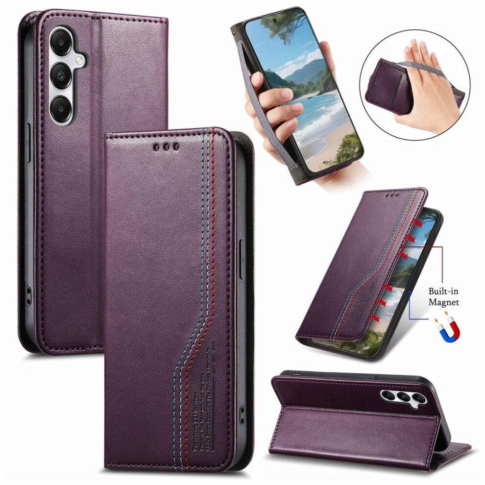 Leather Flip Stand Wallet Case With Elastic Wristband & Magnetic Closure For Compatible With Samsung Galaxy A05s 6.7-Inch Purple 9482726253181