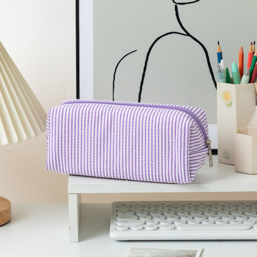 Purple Cute Stripe Pencil Case & Makeup Bag Â Multifunctional Travel Organizer, Office Stationery Pouch, Birthday Gift (Compatible With Standard
