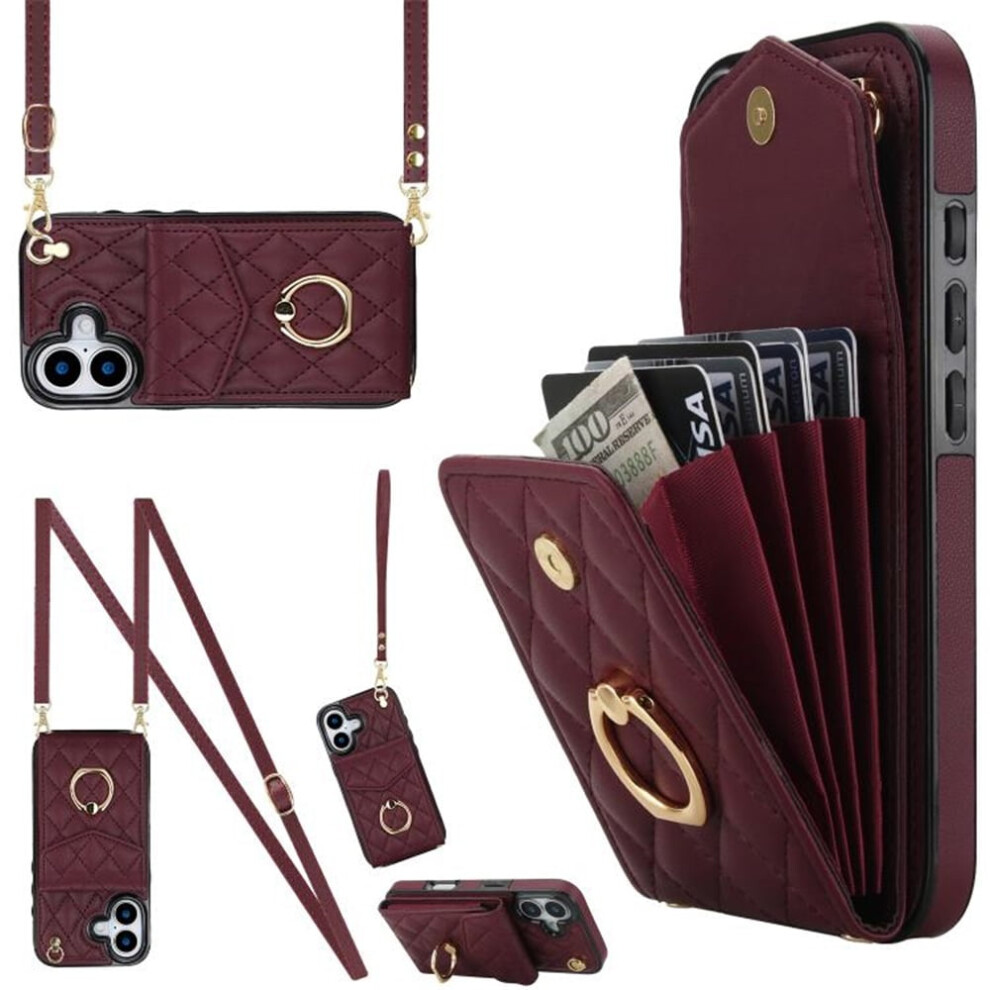 Premium Pu Leather Iphone 17 Case With Rfid Wallet, Adjustable Ring Holder & Detachable Crossbody/Wrist Strap Â Wine Red 9482726254737