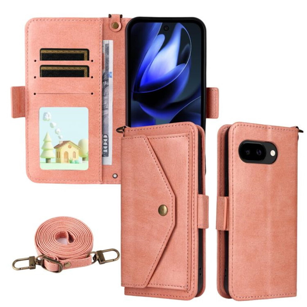 Vintage Leather Wallet Case For Google Pixel 9A – Shockproof, Multi-Card Slots, Hidden Button Pocket, Detachable Strap, Pink 9482726254447