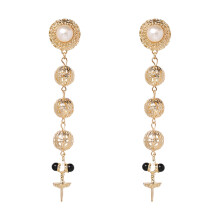 Pendientes llamativos con cristales brillantes, pendientes colgantes de cruz hueca, pendientes de perlas con diseño vintage para mujer, adornados