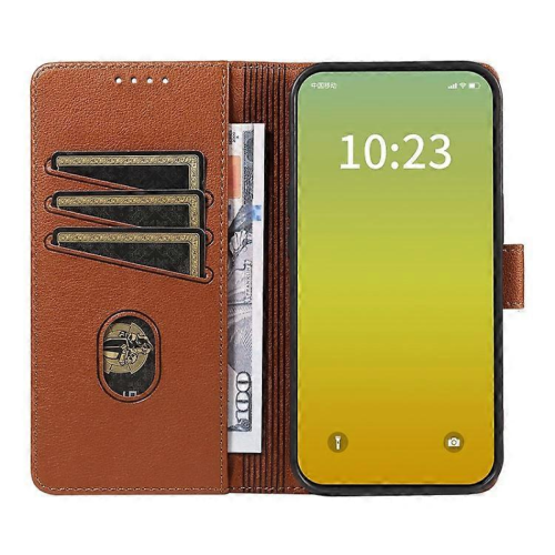(Brown) Custodia in pelle con texture Litchi e supporto RFID compatibile con iPhone 15 Plus 1