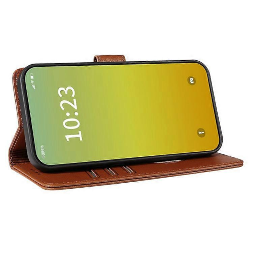 (Brown) Custodia in pelle con texture Litchi e supporto RFID compatibile con iPhone 15 Plus 2