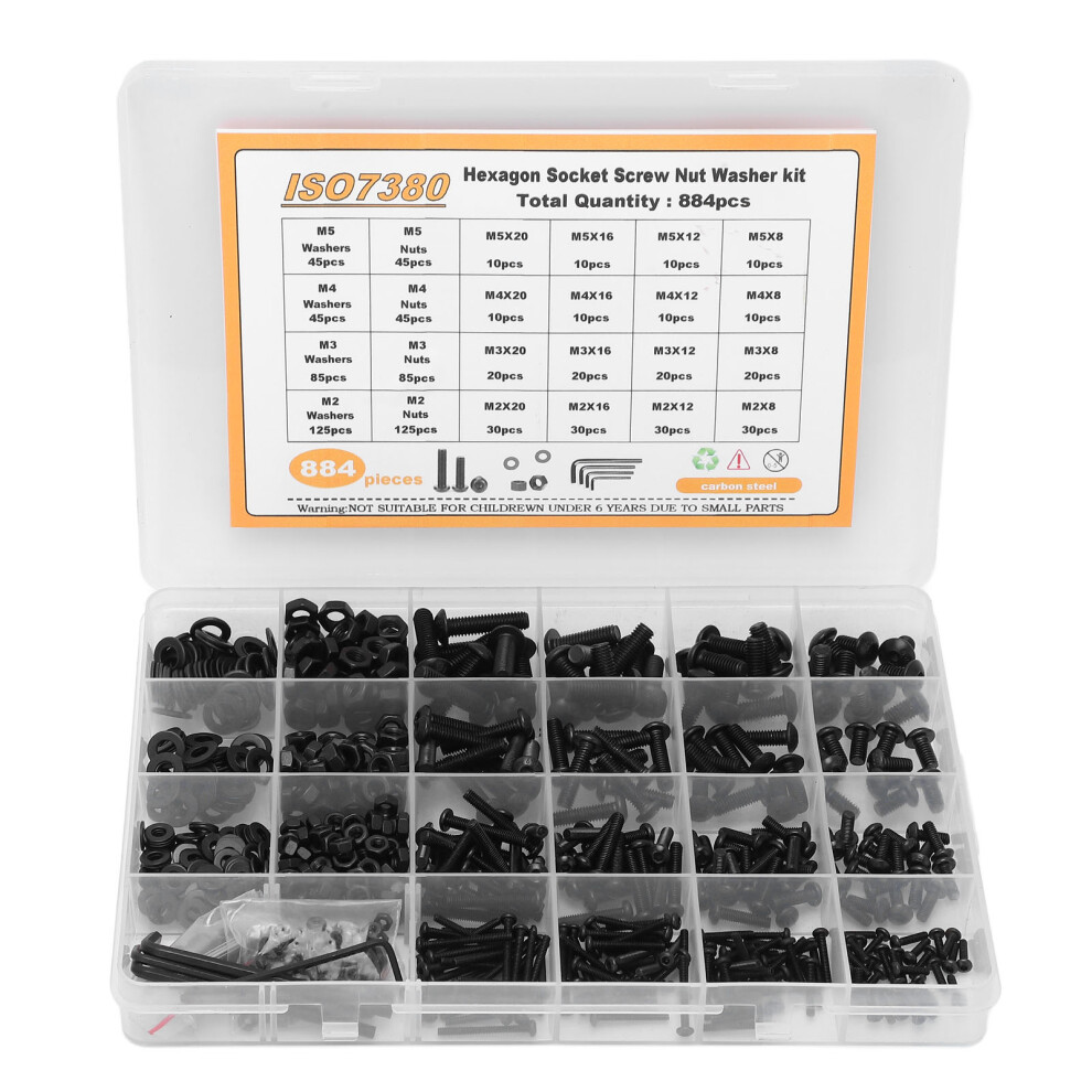Reusable Carbon Steel Screw Assortment, Hex Button Head Metric Sizes For Everyday Needs, 884Pcs Alloy Steel Machine Screws For Household And 9479868284548