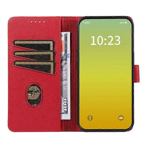 (WineRed) Custodia in pelle con texture Litchi e supporto RFID compatibile con iPhone 15 Plus 1