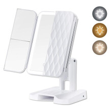Compact Vanity Mirror, Tri Fold Design & Adjustable Brightness, Touch Control and Storage Base for Women (180 X2Rotating Design)