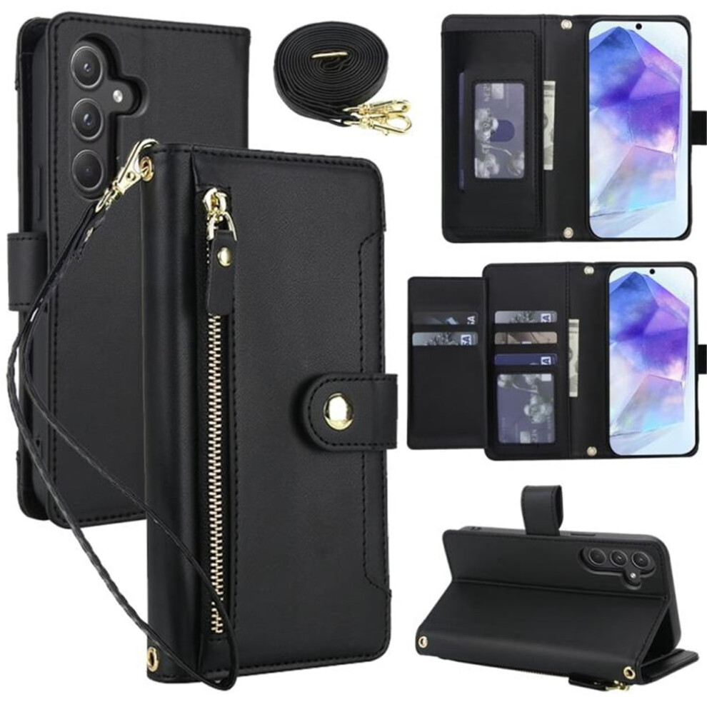 Rfid Blocking Wallet Case For Samsung Galaxy A55 5G (6.6"), With Zipper Pocket, Detachable Straps, Multi-Card Slots, Shockproof Â Black 9313598213006