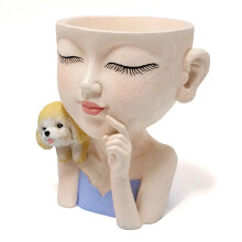 Vaso decorativo in resina con design a cartone animato carino, vaso per fiori a forma di testa di donna, vasi per piante grasse con foro di