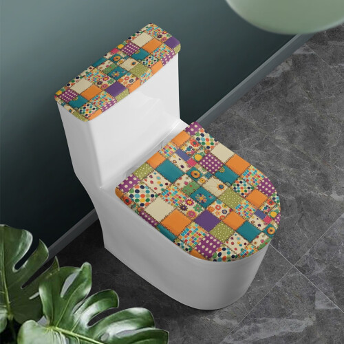 Farverigt quiltdesign til toiletskål, elastisk kant, elastisk bund, elastisk montering, tilføjer julecharme, justerbar strækbarhed 1