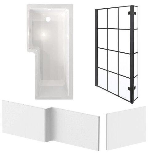 NES Home Nes Home Left Hand L Shaped Shower Bath With Panels & Matte Black Grid Screen 2