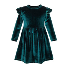 Girls Velvet A-line Dress with Ruffle Long Sleeves