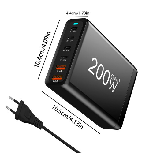 Φορτιστής USB C, Σταθμός γρήγορης φόρτισης 6 θυρών για επιτραπέζιο υπολογιστή 200W, 2