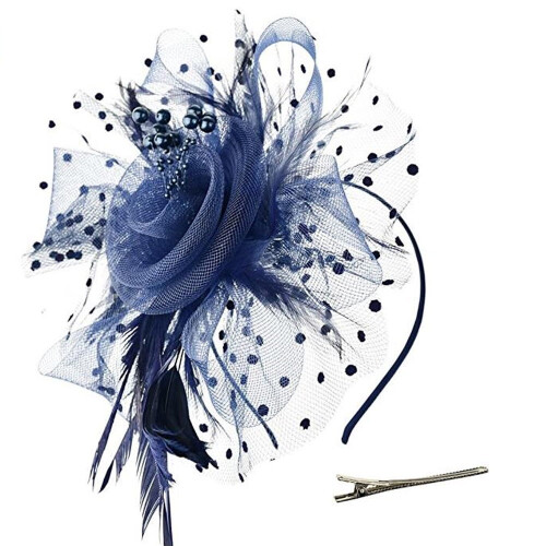 Γυναικείο καπέλο Fascinator σε μπλε σκούρο χρώμα – Λουλούδι, πλέγμα, κορδέλες και 1