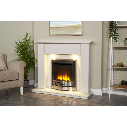 Adam Adam Avila White Marble Fireplace with Amara Electric Fire in Brushed 1