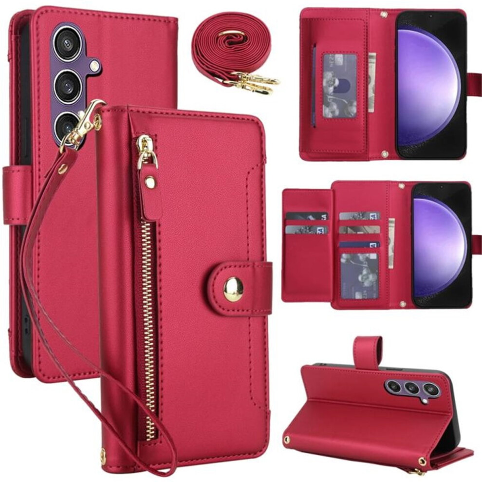 Rfid Blocking Wallet Case For Samsung Galaxy S23 Fe 5G (6.4") Â Shockproof, Multi-Card Slots, Zipper Pocket, Detachable Shoulder & Wrist Straps, Red 9313598226815