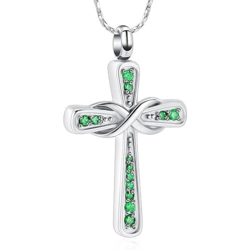 Birthstone Infinity Cross Urn Necklace for Ashes
