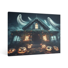 Vintage Halloween Ghost House & Pumpkin Canvas Wall Art – Spooky Gothic Poster, Compatible with Bar/Living Room/Bedroom Decor