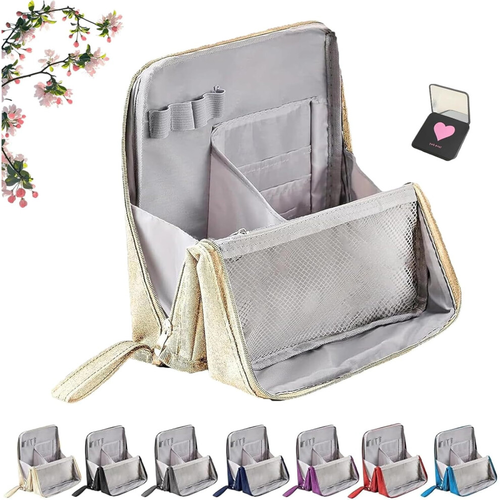 Large Capacity Waterproof Standing Makeup Bag with Compartments, Portable Toiletry Organizer for Brushes & Cosmetics