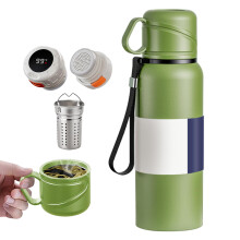 Stainless Steel Vacuum-Insulated Tea Infuser Bottle with Temp Display, Cup Lid & Large 1980ml Capacity (White)