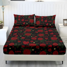 Rosen-Bettwäscheset, 3-teilig, schwarz-rot bedruckt, weich und kühlend, 25 cm Taschenhöhe, pflegeleicht (1 Spannbettlaken + 2 Kissenbezüge)