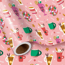 Rouleau de papier cadeau rose de Noël – Motif chocolat chaud et disco, 43 cm x 5 m, pour filles, ados et adultes – Mini rouleau